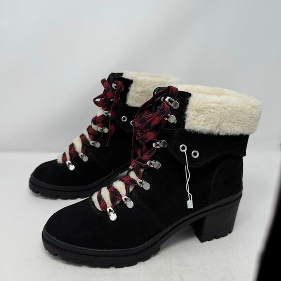 Brand New Pop Women's 11M Romaine Black Faux Fur Trim Heeled Booties Boots - Picture 9 of 10